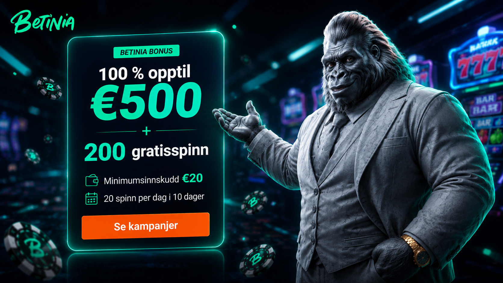 Betinia velkomstbonus: 100 % opptil €500 + 200 gratisspinn